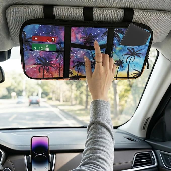 Palm Tree Car Sun Visor Organizer with Card Holder Car Sun Visor Storage Bag Hook LoopEasy Installation Universal Fit for Most Cars SUV