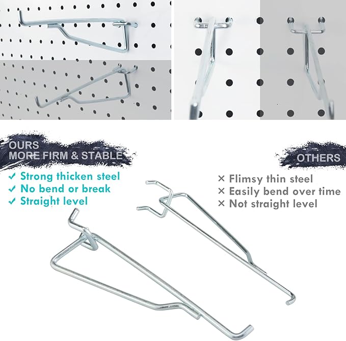 Pegboard Shelf Hooks, 8PACK Metal Utility Hook Set, 1/4 inch Peg Board Organizer Accessories, Shelves and Baskets Brackets, D