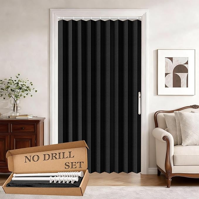 Jilron Accordion Door Curtain Set - 100% Blackout, with Curtain Rod Included, for Bedroom Privacy Protection (Black-43 W x 78