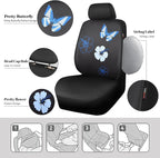 CAR PASS Blue Butterfly Car Seat Covers Full Set, Embroidered Flower Waterproof Car Floor Mats Carpet, Butterflies Steering W