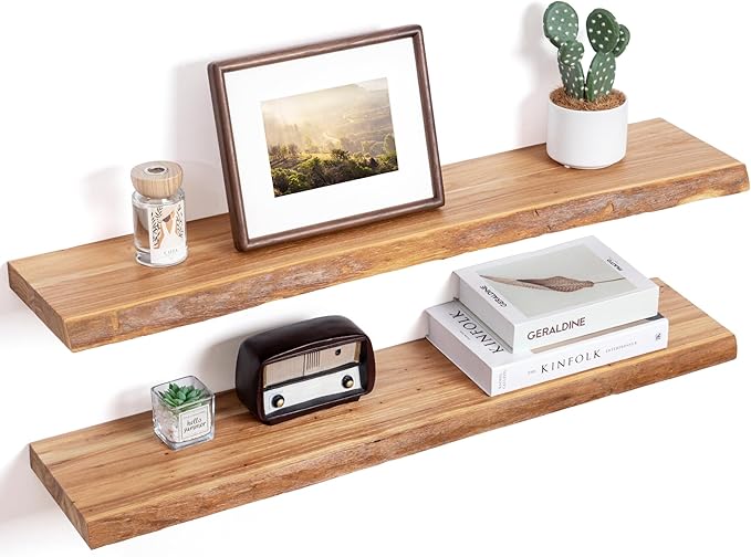 Floating Shelves for Wall Decor, Rustic Solid Elm Wood Live Edge Floating Shelves Wall Mounted, Wall Shelves with Invisible B