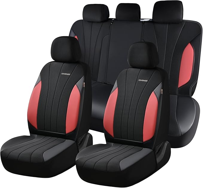 Coverado Seat Covers Full Set, Automotive Car Seat Protectors 5 Seats, Red Driver Protectors Universal Fit for SUVs, Trucks, 