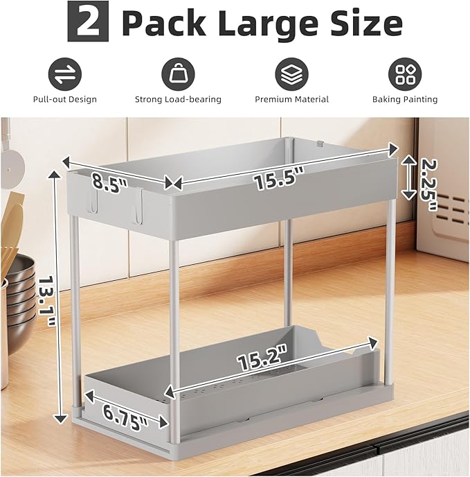 Simple Trending Under Sink Organizer 2 Pack, Sink Pull-Out Sliding Storage Cabinet, 2-Tier Under Shelf Organizer for Kitchen 