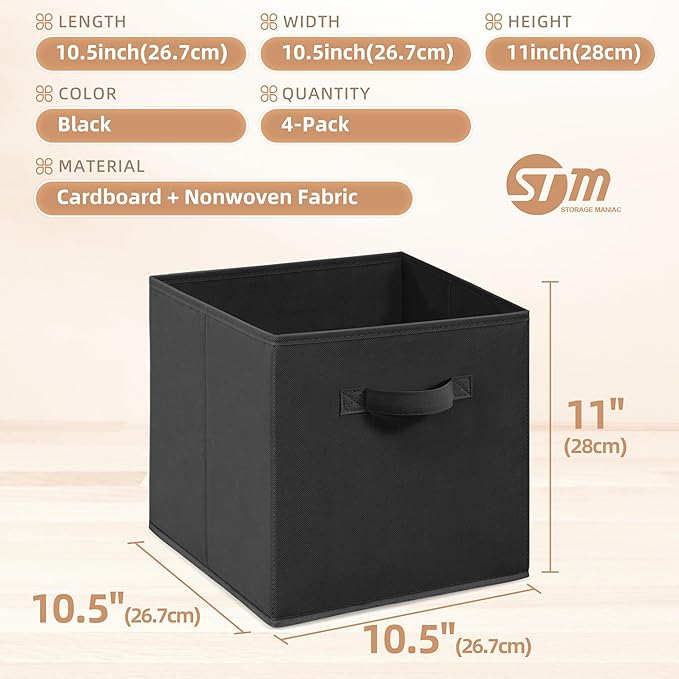 STORAGE MANIAC Storage Cubes, 11 Inch Collapsible Storage Bins with Handles, 4 Pack Fabric Foldable Bins for Organization, Du