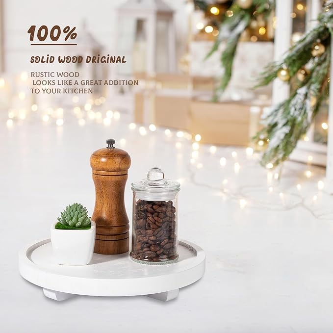 Round Decorative Tray Wood Bathroom Counter Organizer Farmhouse Kitchen Decor Wooden Riser for Soap Dish, Perfume, Candle, Sp