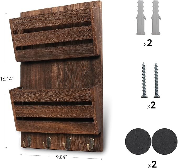 Mail Organizer Wall Mount with 4 Key Hooks, Rustic Wooden Hanging Mail Sorter Farmhouse Key Holder for Wall Decoration, 2-Slo