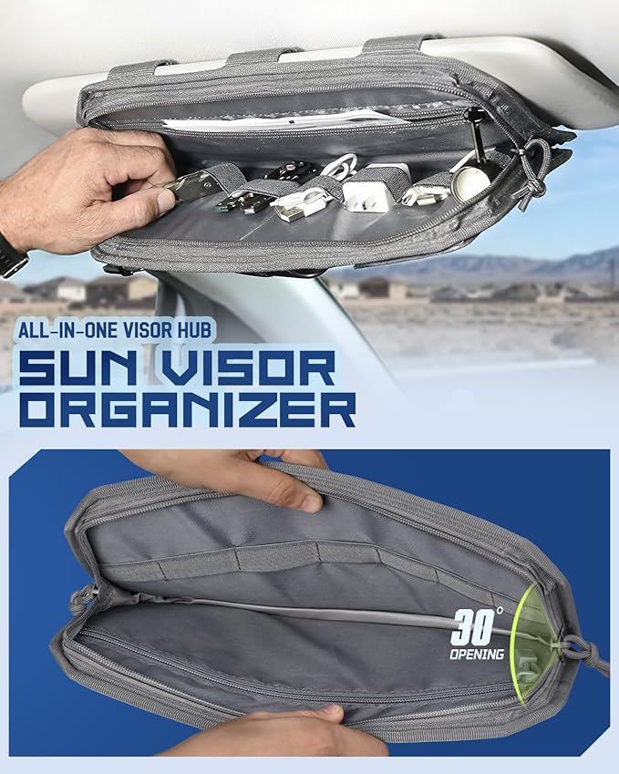 Molle Car Sun Visor Organizer with Zipper Storage Pouch & Glasses Clip, Auto Semi-Rigid MOLLE Panel for Police Gear & Overlanding Accessories, Fit Most Cars, SUVs, Vans & Trucks