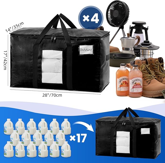 TAILI Extra Large Moving Bags, 4 Pack Black Heavy Duty Totes For Storage with Visible Window, Wrap Around Handles, Storage Ba