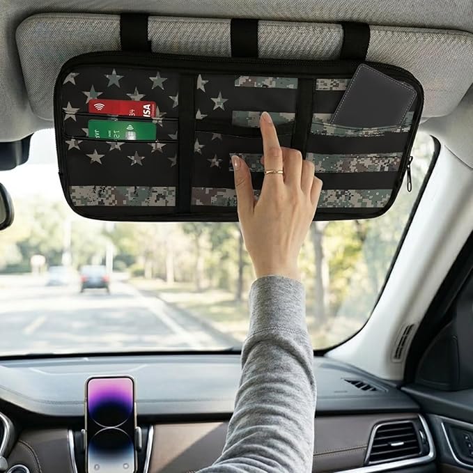 US Flag Print Car Sun Visor Storage Bag 11.81 x 5.9 Inch Multi-Function Organizer for Card Pen Invoice Pouch Case Bag Universal for Car Sun Visor Accessory,Camouflage Flag