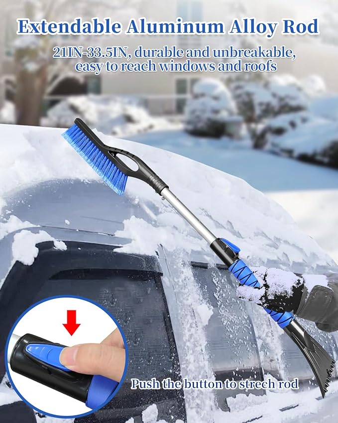 33'' Snow Brush and Ice Scraper for Car Windshield, Aluminum Extendable Snow Removal Tool for Car Window with Foam Grip, Soft Broom Head for Car SUV Vehicle Winter Accessories