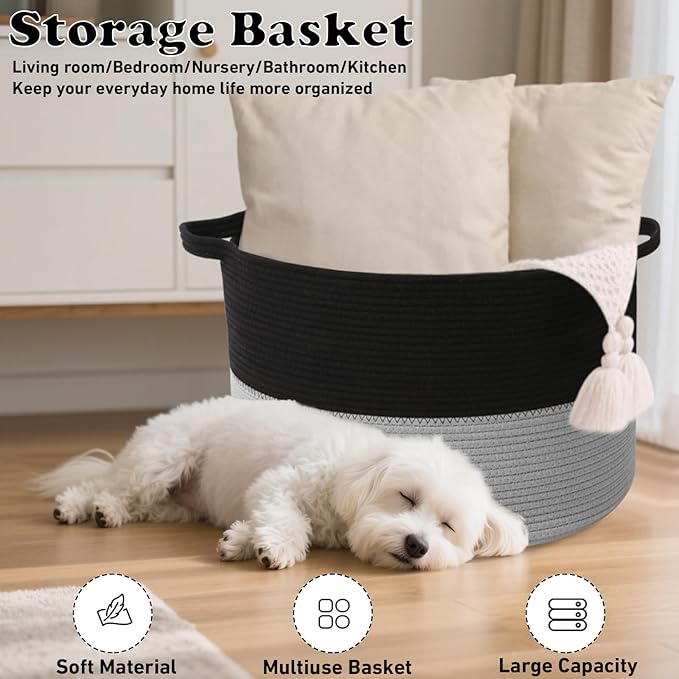 115L Large Blanket Basket,23.6"L x 23.6"W x 15.7"H Rope Woven Baskets with Handles, Toys Storage Bins,Laundry Basket Perfect 