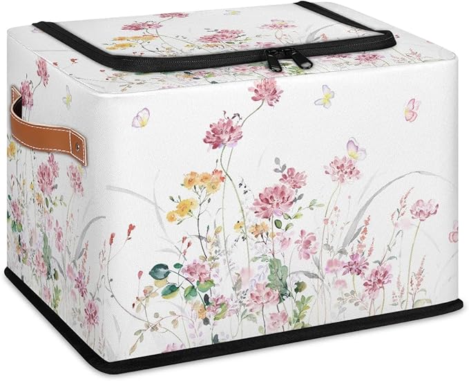 Boho Floral Flowers Storage Basket - Rectangular Decorative Box Collapsible Organizer with Zipper Lid, Watercolor Butterfly B