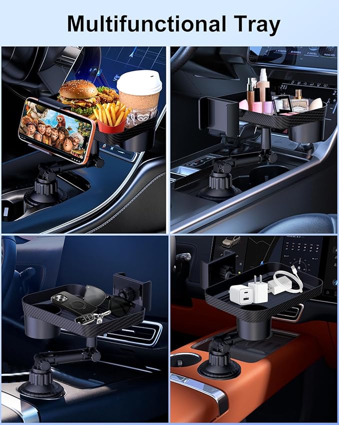 3 in1 Car Cup Holder Expander with 360° Rotation Phone Mount, Multifunctional Car Food Tray for Eating, Drinking, and Phone M
