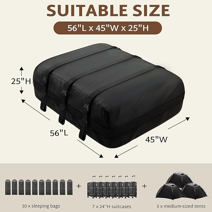 iBirdie Roof Rack Cargo Carrier 36.4 Cubic Feet, XXL Soft-Shell Rooftop Cargo Box, Waterproof Heavy Duty 1200D for Car with/Without Roof Rack, Includes Anti-Slip Mat, Door Hooks, 56x45x25 inches
