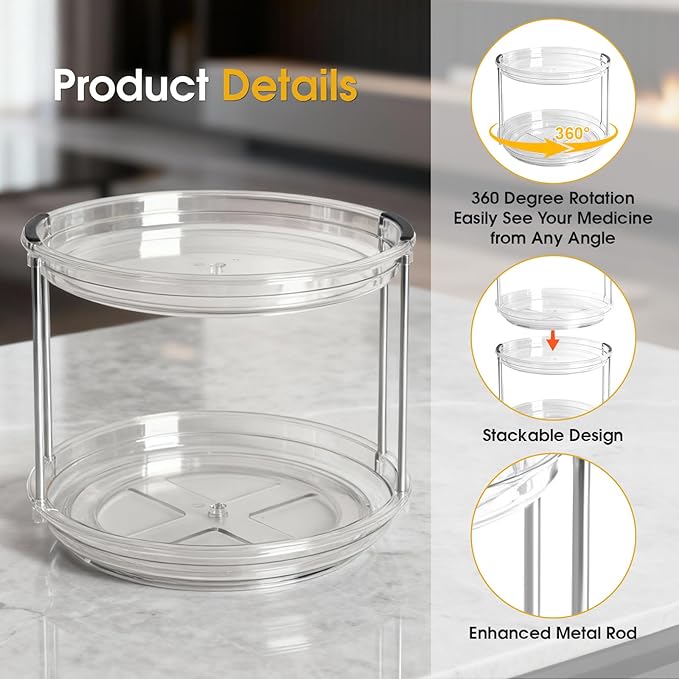 2 Pack Medicine Cabinet Organizer, Rotary Turntable Organizer for Medicine and Vitamin Bottles, Under Sink Organizer for Medi