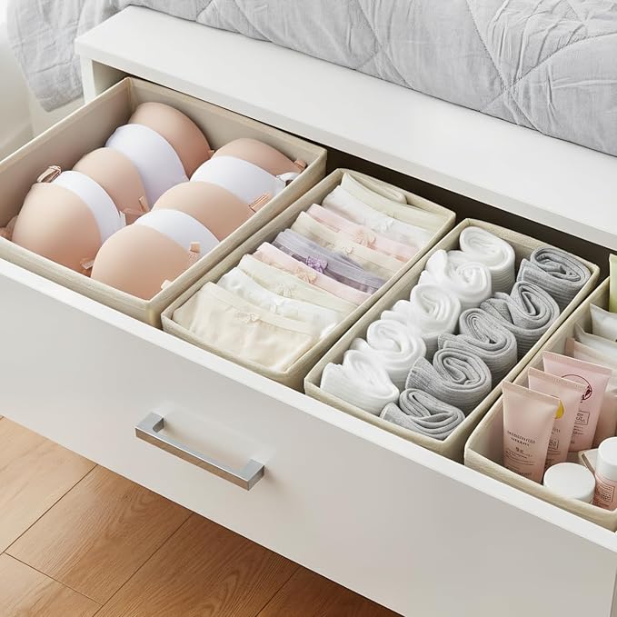 Drawer Organizer Set 4 Pack - Foldable 11" Fabric Storage Bins with Zipper Bottom for Underwear Socks Bras Baby Clothes - Clo