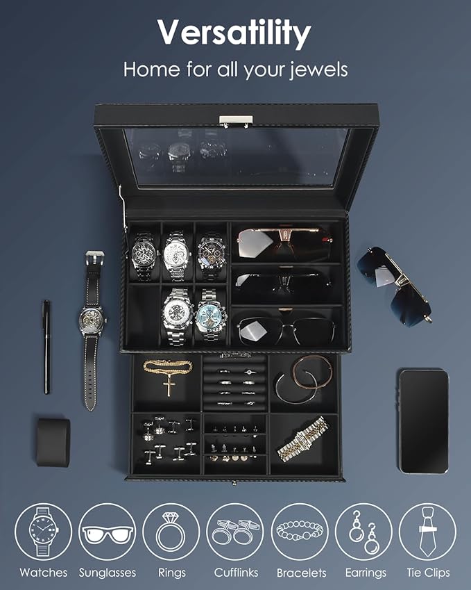 Kukikan Watch Jewelry Box Organizer, 6-Slot 2-Layer Watch Case and Sunglasses Storage with Large Glass Lid, Mens Jewelry