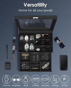 Kukikan Watch Jewelry Box Organizer, 6-Slot 2-Layer Watch Case and Sunglasses Storage with Large Glass Lid, Mens Jewelry