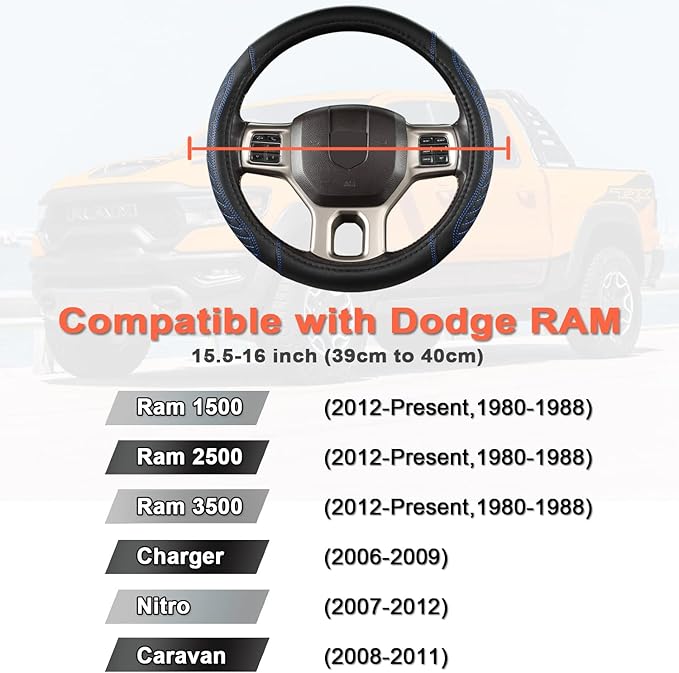 West Llama Customized Auto Car Steering Wheel Cover for Dodge RAM 1500 2500 3500, 15.5-16 inch (Diamond Quilted-Black+Blue-La