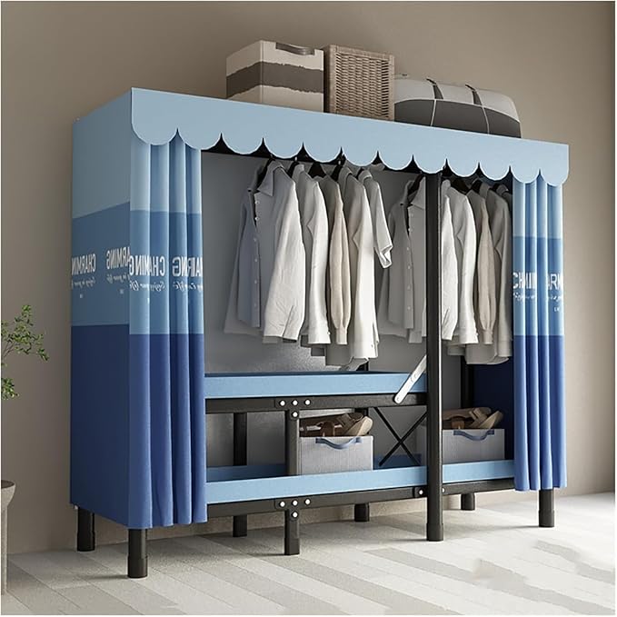 Portable Foldable Wardrobe Closet with Door - Metal Clothing Rack for Hanging Clothes, Space-Saving Coat Storage for Bedroom 