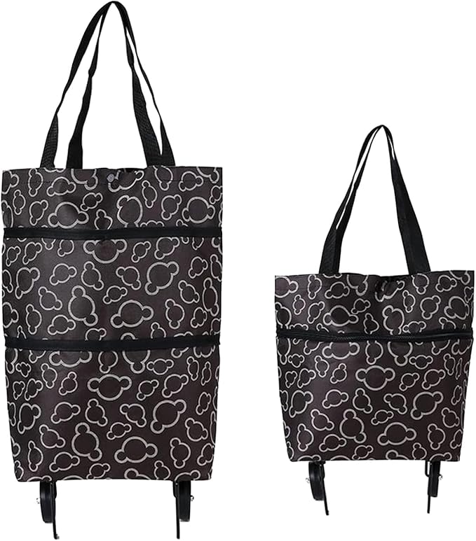 Collapsible Shopping Grocery Bag with Wheels Rolling Tote Bag with Wheels Large Reusable Shopping Bags Foldable Cart(Black Flower,Large)