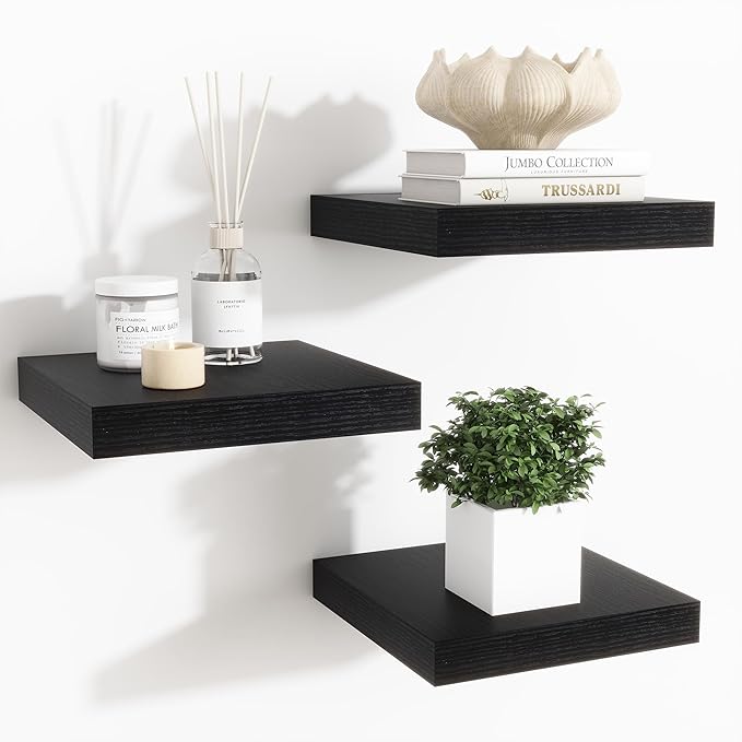 Fun Memories Floating Shelves for Wall - 7.5 Inch Square Shelves with Invisible Brackets, Black Small Wall Shelf for Living R
