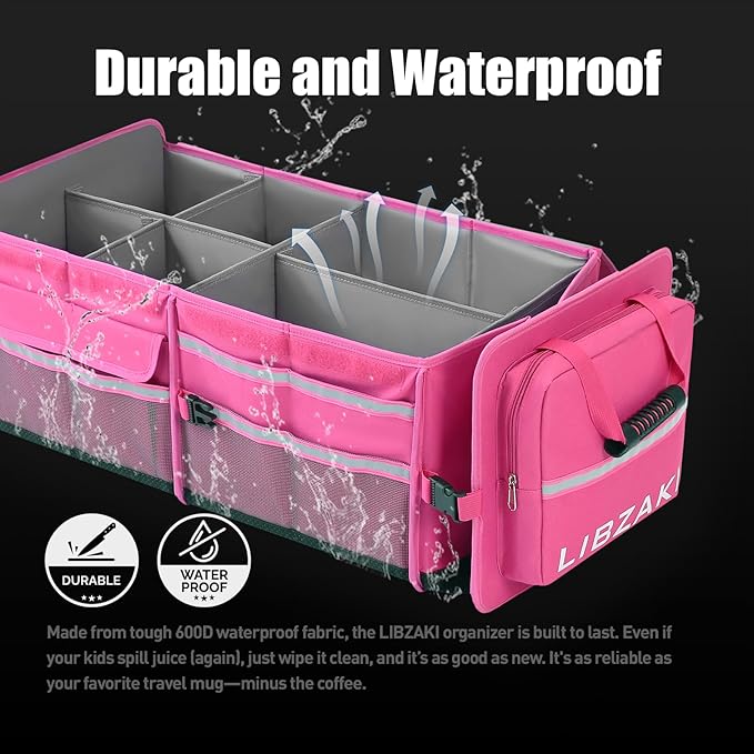 LIBZAKI Oversize 4 in 1 Car Trunk Storage Organizer, Multi Compartment Collapsible Trunk Storage Box with Cooler Bag for Car
