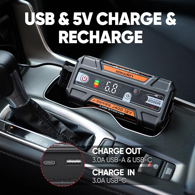 LOKITHOR J400 2000A 12V Portable Lithium Jump Starter, Car Battery Booster Pack, USB-C Powerbank Charger, and Jumper Cables