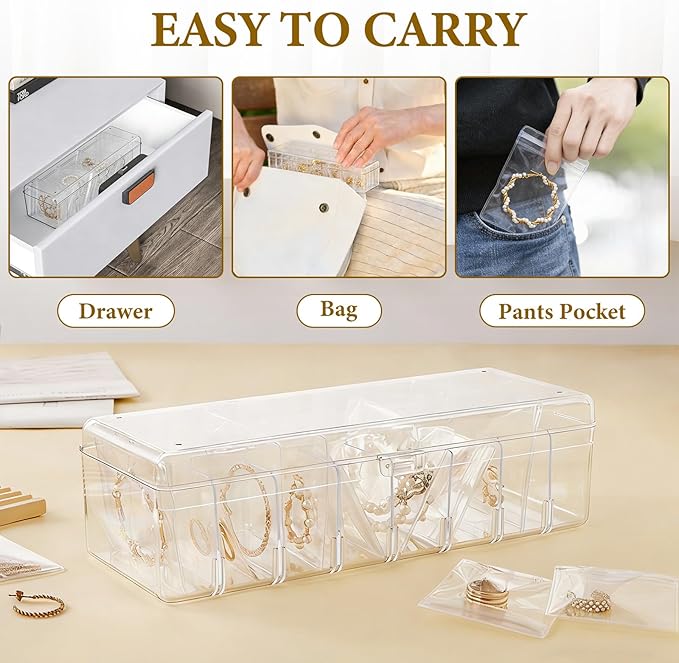 KAMJUNTAR Acrylic Jewelry Box Organizer, Clear Jewelry Organizers and Storage Box with 60 Portable Anti Tarnish Bags, Travel 