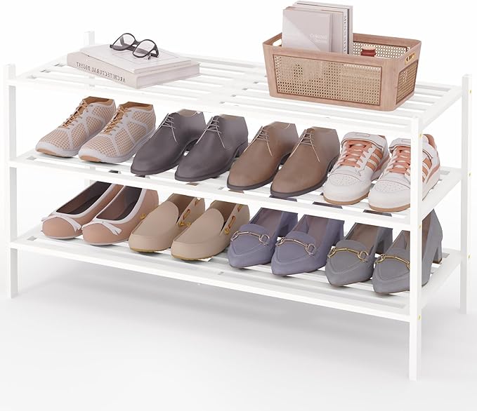 Smiry Long Bamboo Shoe Rack 3-Tier, Stackable Wooden Shoe Organizer for Entryway & Closet, Free Standing Wood Shoe Storage Sh