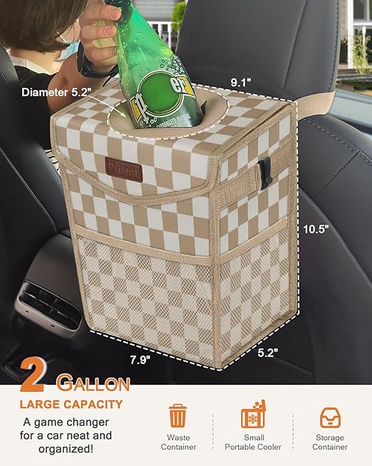 Car Trash Can with Lid, Cute Leakproof Car Trash Garbage Bag Hanging Vehicle Trash Bin Small Portable Automotive Garbage Cans Organizer for Back/Front Seat(Trapezoid,Khaki Checkered)
