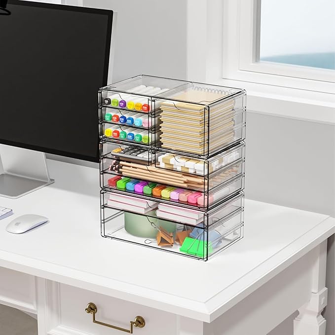 Yieach 3Pack Clear Drawer Organizers Stackable,Acrylic Storage Drawers With 10 Drawers,Multipurpose Office Supply Organizer a