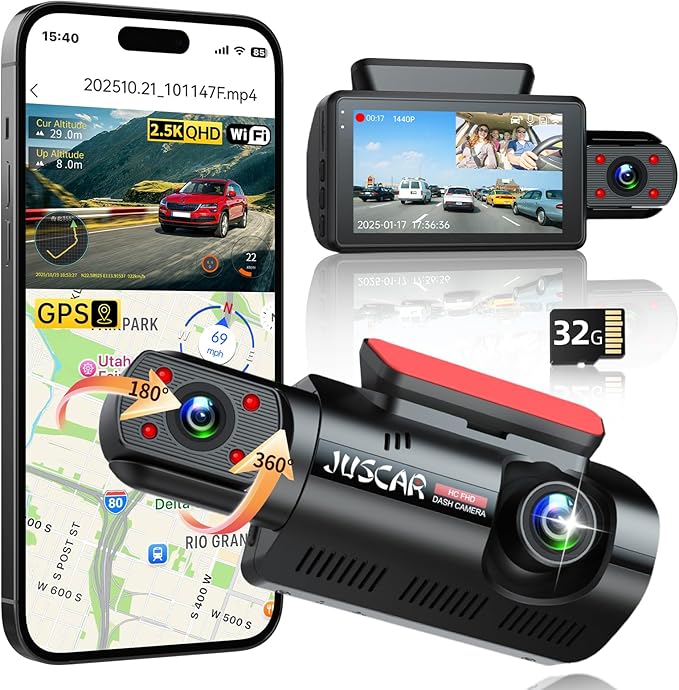 2.5K+1080P Dual Dash Cam Front and Inside, WiFi & GPS Dash Camera for Cars with 32G Card, IR Night Vision, 3" IPS Screen, Ins