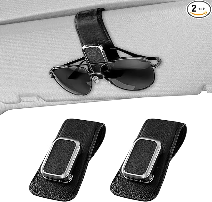 Sunglasses Holder for Car, One-Handed-Operation Leather Sunglasses Clip for Car Sun Visor, 2Pack Sturdy Eyeglasses Holder and Ticket Card Clip, Auto Interior Car Visor Accessories (Black)