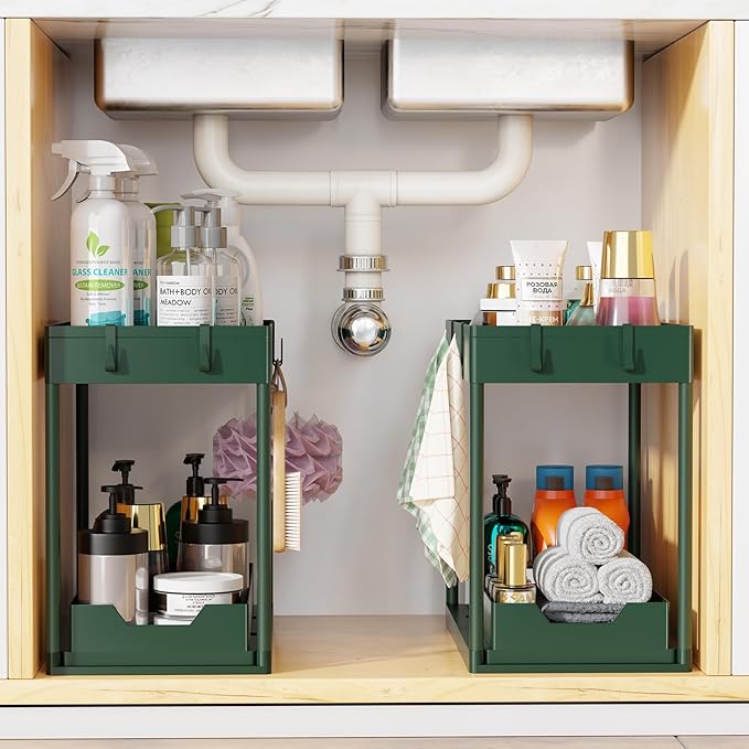 Simple Trending Under Sink Organizer 2 Pack, Sink Pull-Out Sliding Storage Cabinet, 2-Tier Under Shelf Organizer for Kitchen 
