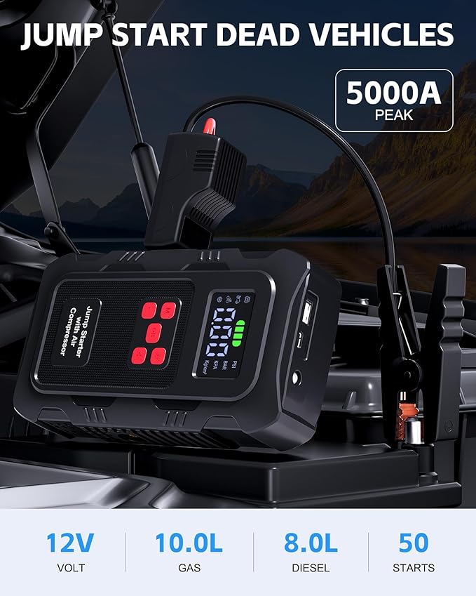 5000A Jump Starter with Air Compressor, Portable Car Battery Jump Starter with 150 PSI Tire Inflator for Up to 10.0L Gas