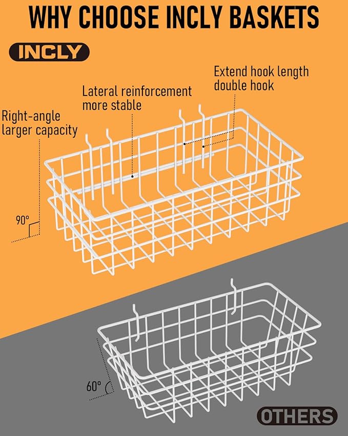 INCLY 4 Pack Pegboard Baskets Bins Set, 4 Size Square Style Metal White Wire Basket for Any Peg Board Organizing Tools, Pegbo