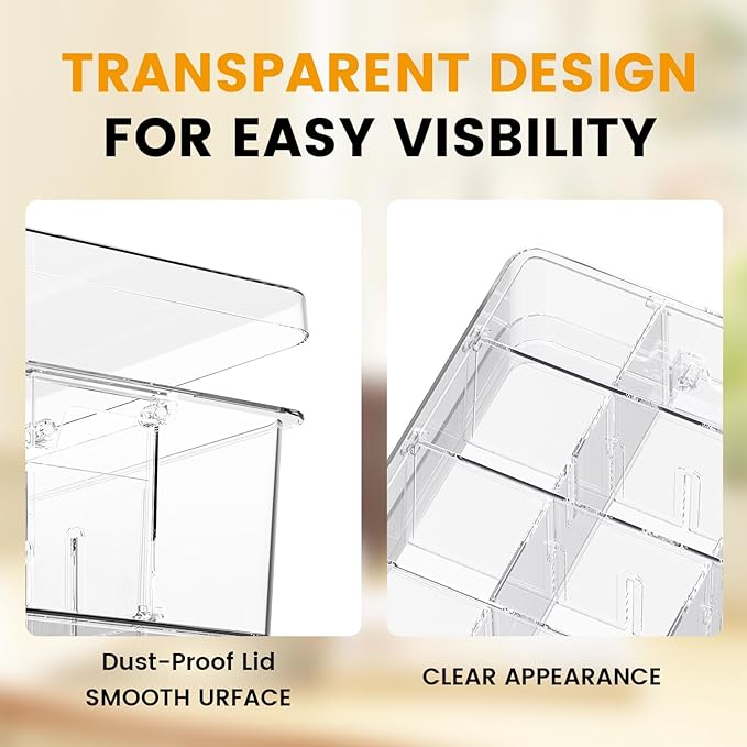 Socks Bra Underwear Drawer Organizer for Closet, 2 PCS Plastic Storage Box with 9 Removable Compartments and Lid, Clear Dress