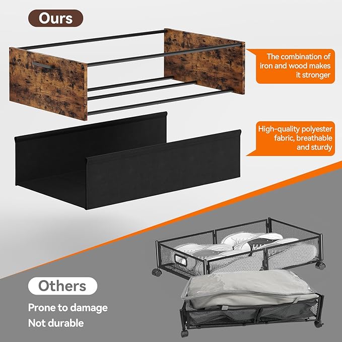 Under Bed Storage with Wheels, Wooden Under Bed Drawers On Wheels, Rolling Under Bed Shoe Storage, Space Saving, Rustic Brown