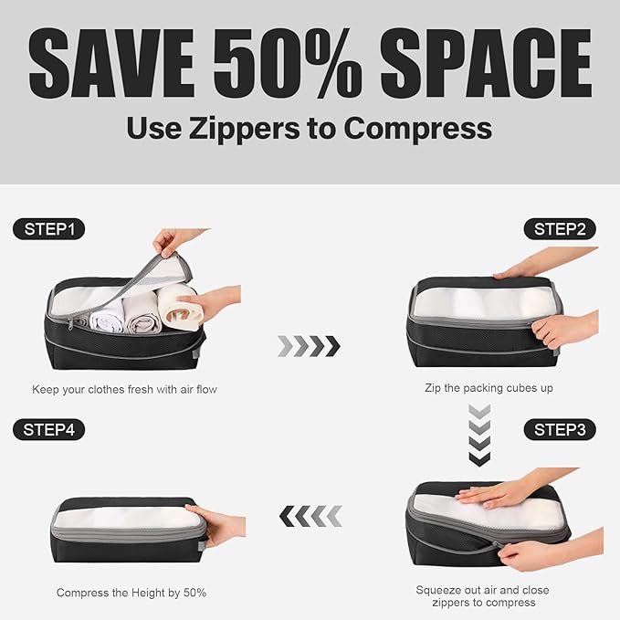 6 Set Compression Packing Cubes for Travel, Lightweight and Space-Saving Luggage Organizer Bags, Sturdy Travel Essentials for
