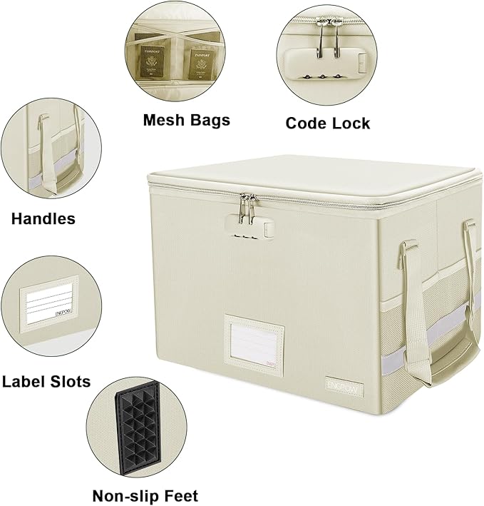 ENGPOW File Box with Lock, Fireproof Document Box with Zipper Lid, Collapsible File Storage Organizer Filing Cabinet with Han