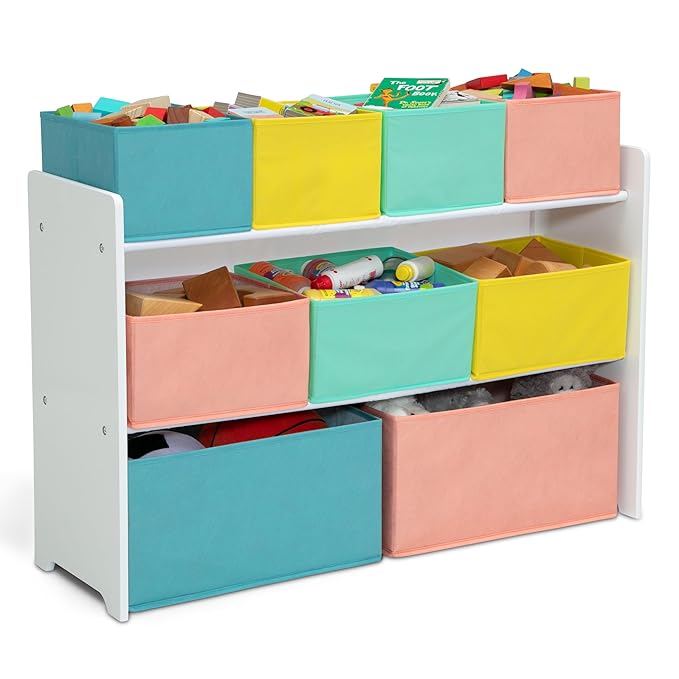 Delta Children Deluxe Multi-Bin Toy Organizer with Storage Bins - Greenguard Gold Certified, White with Blue/Orange/Pastel Bi