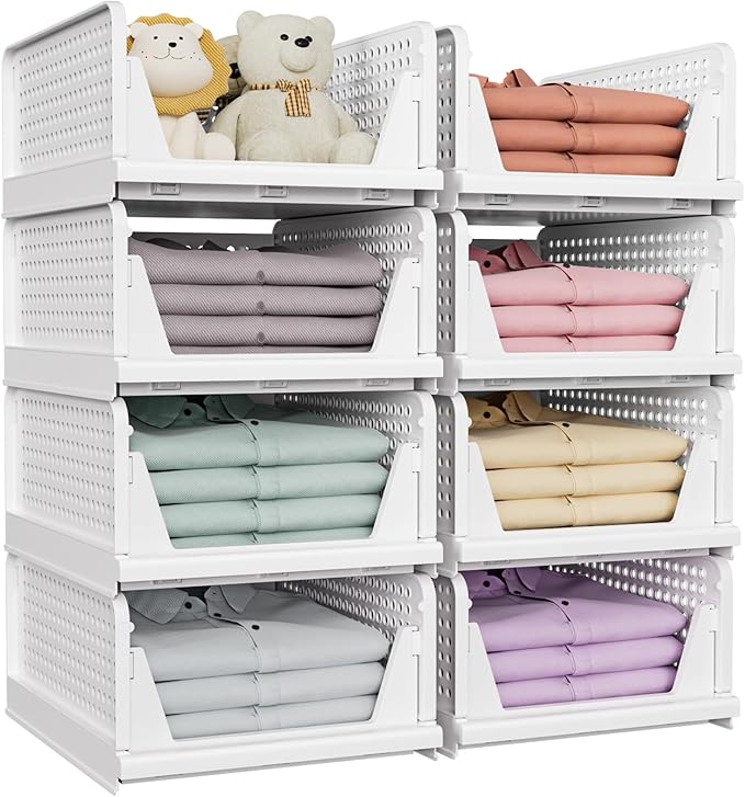 SNSLXH 5 Pack Stackable Closet Storage Basket, Multifunctional & Foldable Closet Organizer for Bathroom Kitchen Laundry Room 
