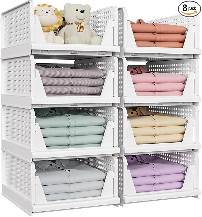 SNSLXH 8 Pack Stackable Closet Storage Bins, Multifunctional & Foldable Closet Organizers and Storage for Bathroom Kitchen La