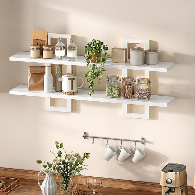 HOOBRO Floating Shelves, 15 Inch Wall Shelf Set of 2, Wall Mounted Storage Shelves 2-Tier, Hanging Bathroom Shelves, for Livi