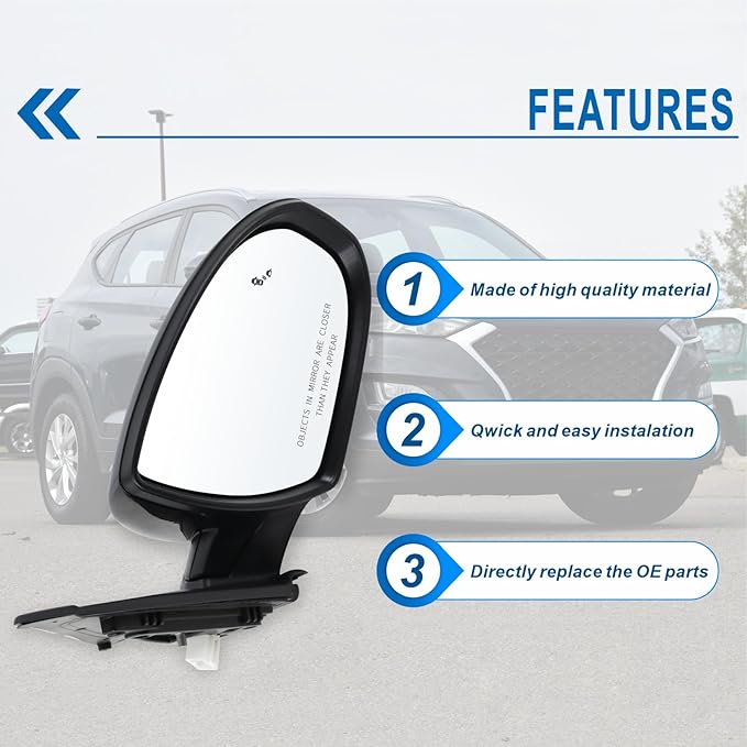 Right Passenger Side Mirror Compatible With 2019 2020 2021 Hyundai Tucson With Manual folding Power glass Turn Signal Heated Blind Spot Black Replace #87620D3930(8Pins)