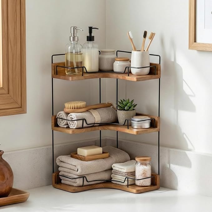 3-Tier Bathroom Counter Organizer, Wooden Corner Shelf for Vanity Countertop Skincare & Makeup, Storage and Organization for 