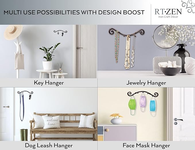 RTZEN Farmhouse Small Key Holder for Wall - Handcrafted Swirl Decorative 5 Key Hooks for Home Entryway - Wrought Iron Wall Mo