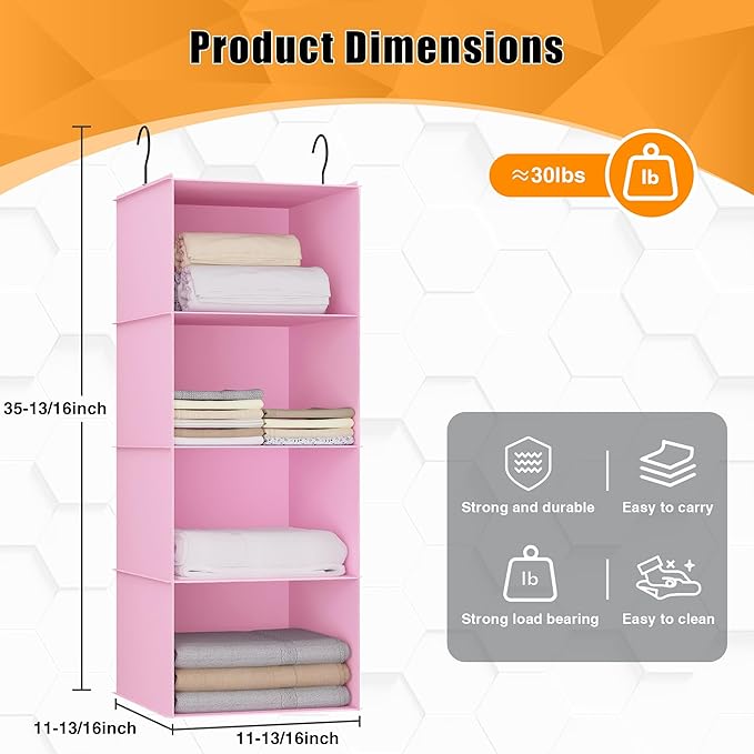 Hanging Closet Organizer, Easy Mount Foldable 4-Shelf Hanging Closet Wardrobe Storage Shelves, Clothes Handbag Shoes Accessor