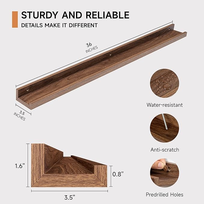 Fun Memories Picture Ledge Shelf, 36 Inch Floating Shelves Set of 2, Nursery Book Shelves for Toys Storage, Kids Bookshelf Wa